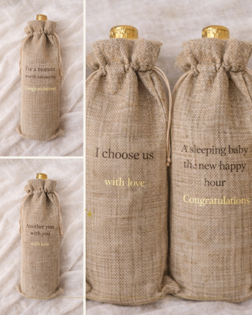 Burlap wine bottle gift bag, Thoughtful wine carrier for birthdays, anniversaries, valentines, new parents and celebrations