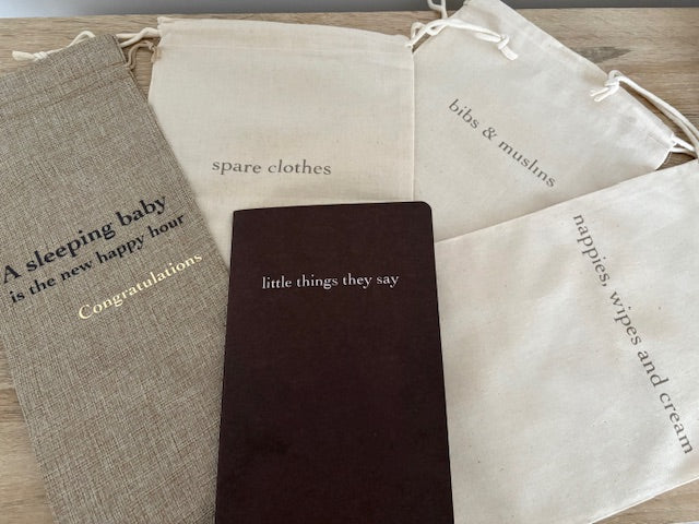 New Baby Gift Bundle | Burlap Wine Holder, Cotton Storage Bags & Keepsake Notebook