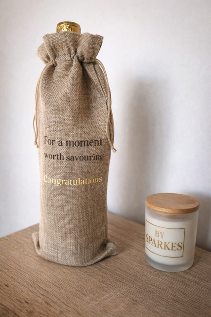 Burlap wine bottle gift bag, Thoughtful wine carrier for birthdays, anniversaries, valentines, new parents and celebrations