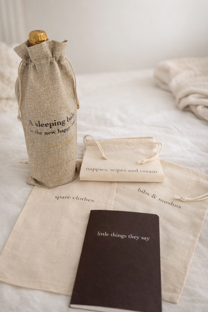 New Baby Gift Bundle | Burlap Wine Holder, Cotton Storage Bags & Keepsake Notebook